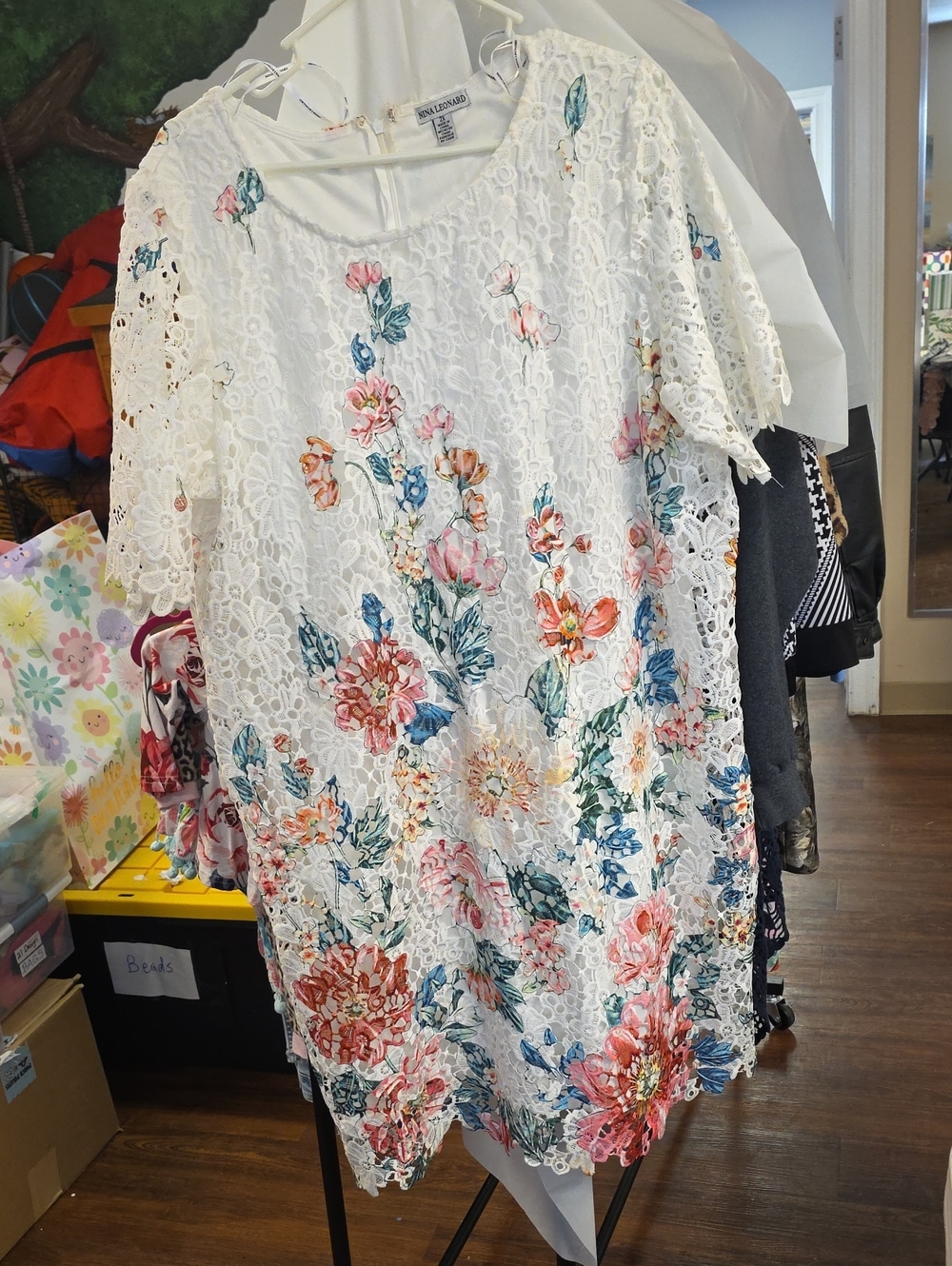 Nina Leonard White Lace Midi Dress with Multicolor Floral Print